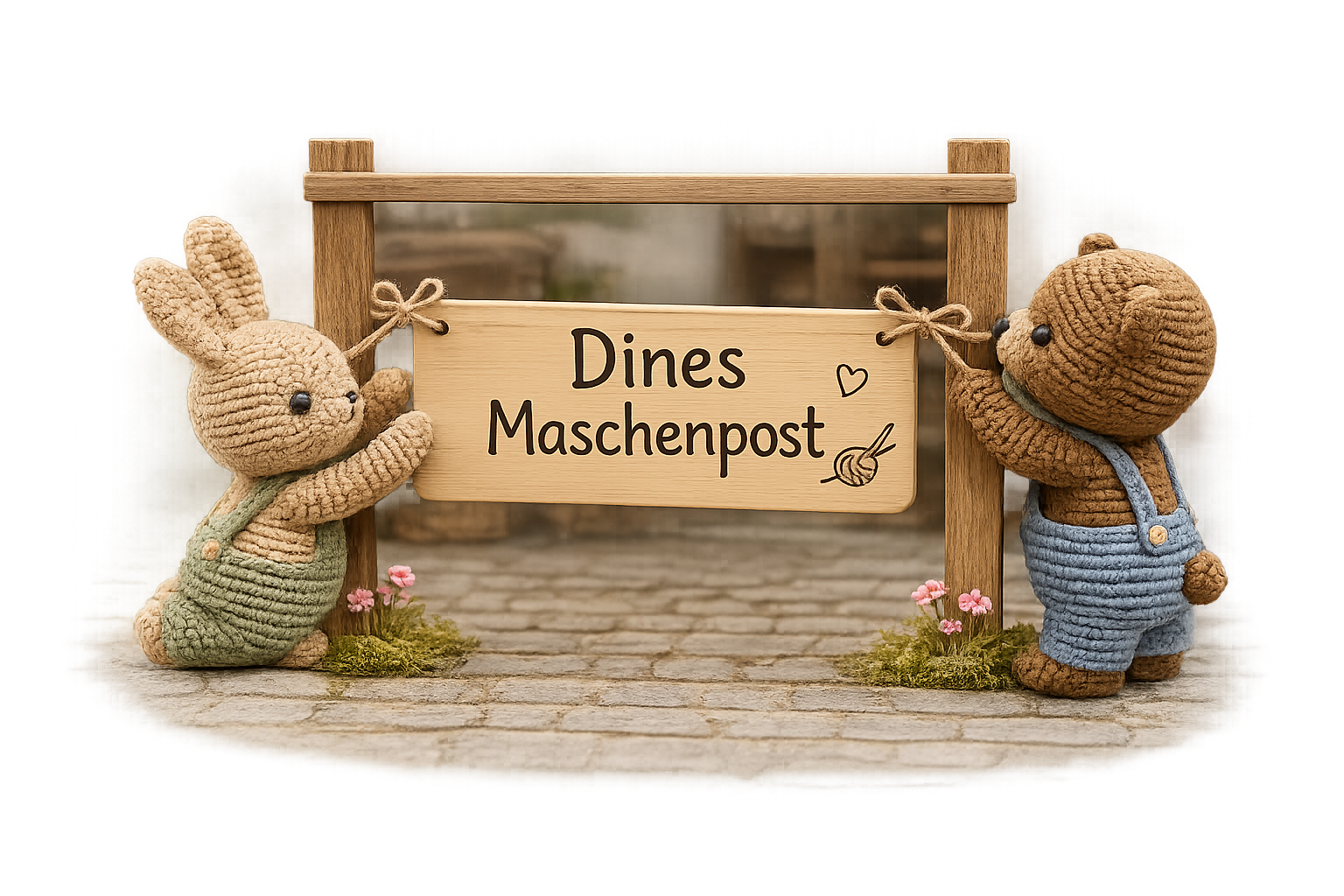 Gehaekelte Figuren halten ein Schild mit der Aufschrift Dines Maschenpost
